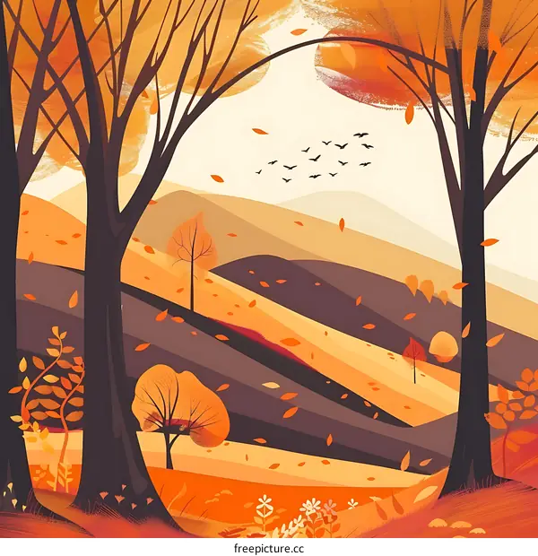 Autumn Landscape with Falling Leaves