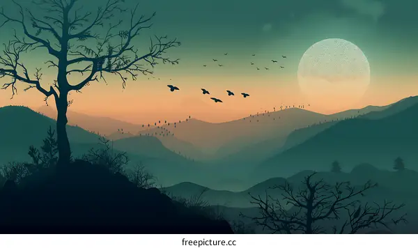 Silhouettes of Trees and Mountains with Sunset