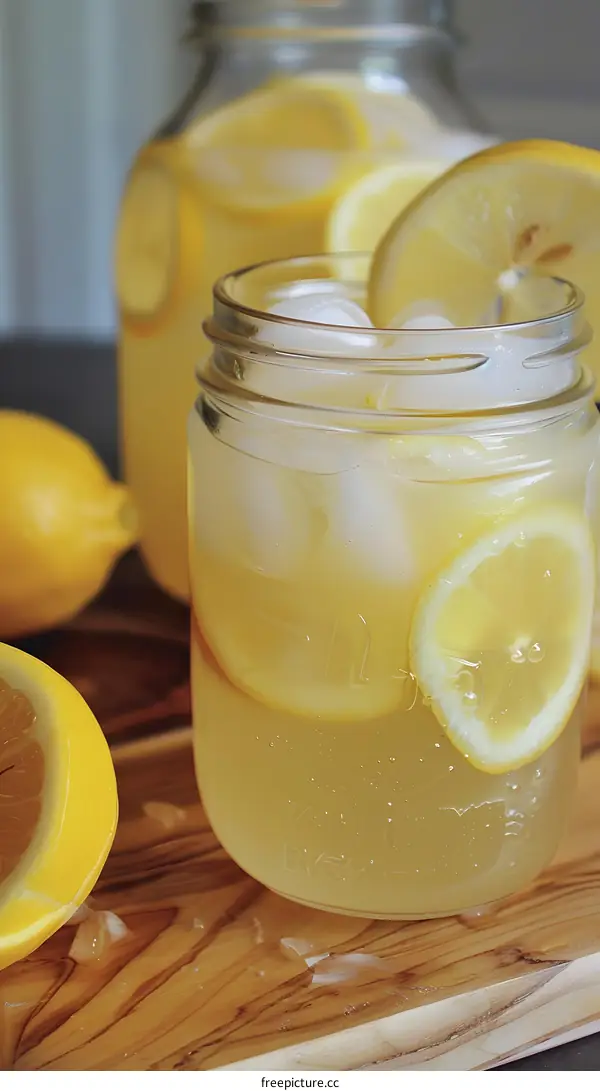 Lemonade in a Glass Jar with Ice and Lemon Slices