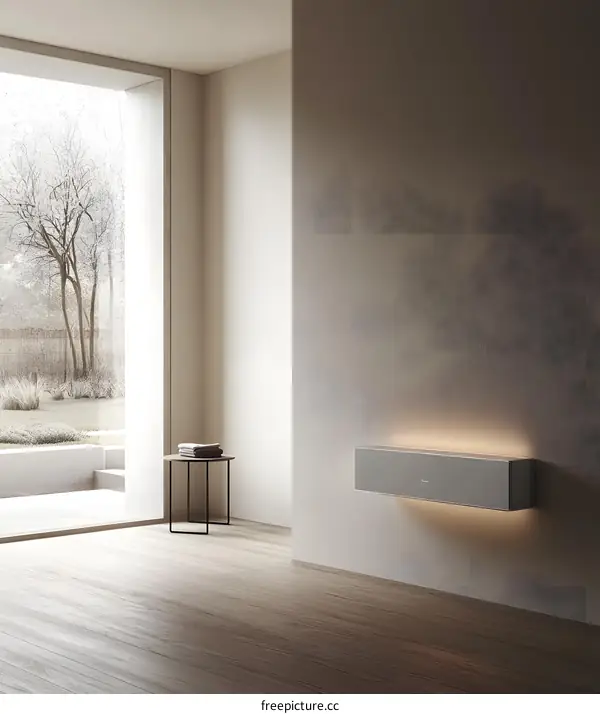 Modern Minimalist Interior Design with a Large Window and a Wall Mounted Air Purifier