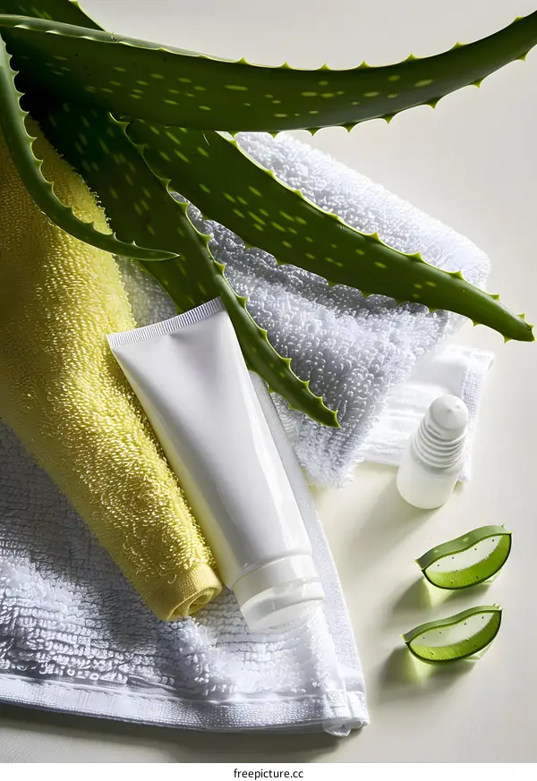 Aloe Vera Plant with White Cream Tube and Towels