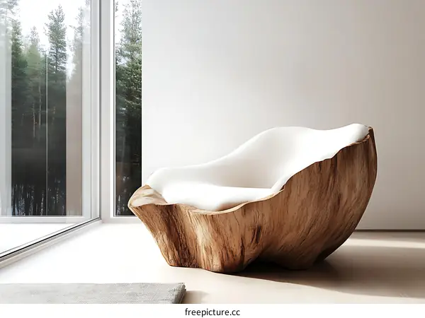 Modern Wooden Lounge Chair with White Upholstery