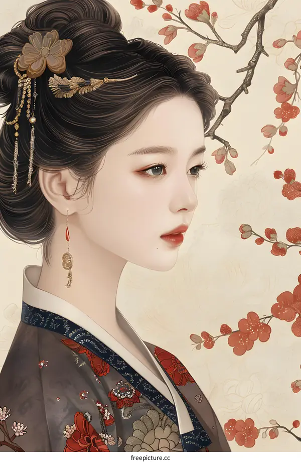 A beautiful illustration of a young woman in a traditional Chinese dress with pink flowers in the background