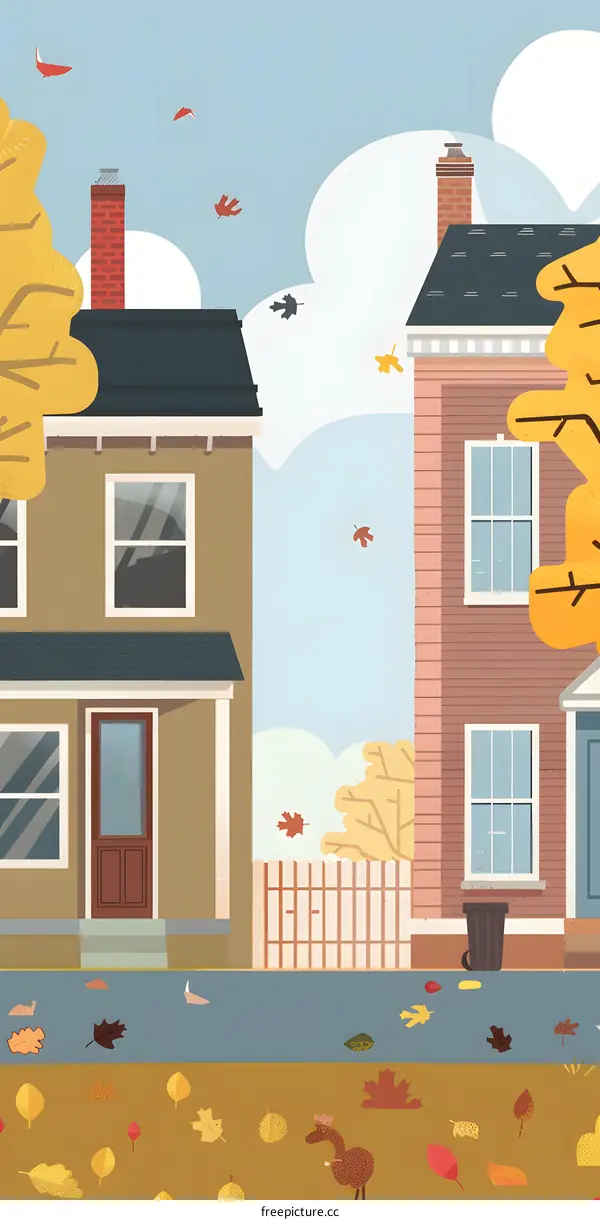 Autumn Leaves in Front of Two Houses