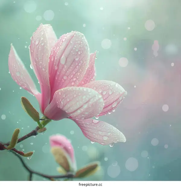 A beautiful magnolia flower with raindrops on its petals.