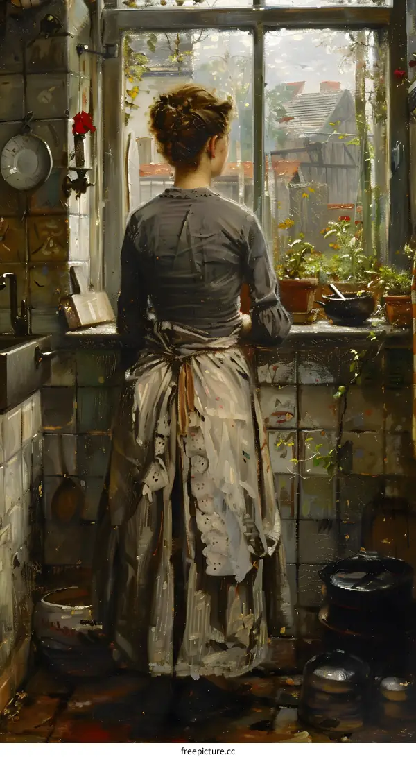 A woman standing in a kitchen looking out the window