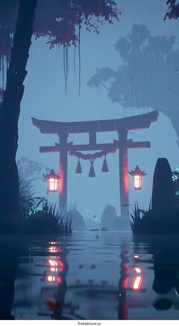 fantasy landscape with a torii gate in the middle
