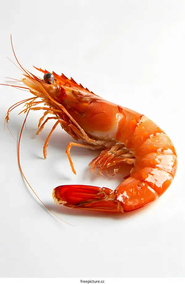 A large cooked prawn on a white background