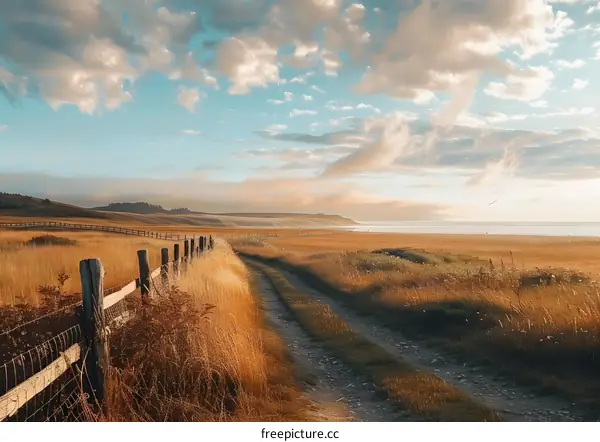 Rural Landscape with Golden Grass and Cloudy Sky