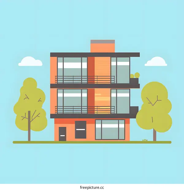 Modern Three Story Building with Trees Illustration