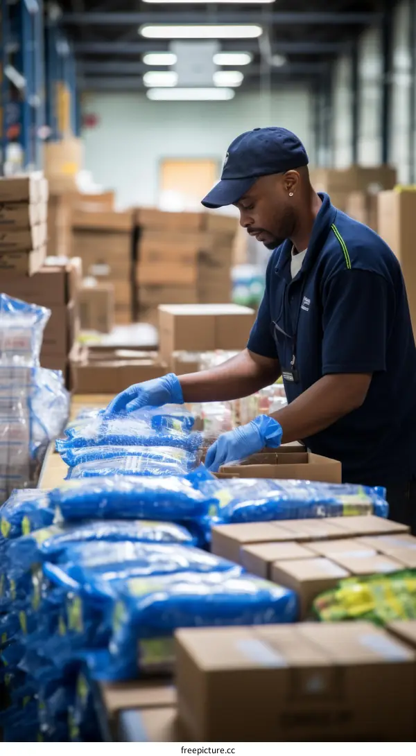 Black man wearing blue gloves and a blue hat works in a warehouse