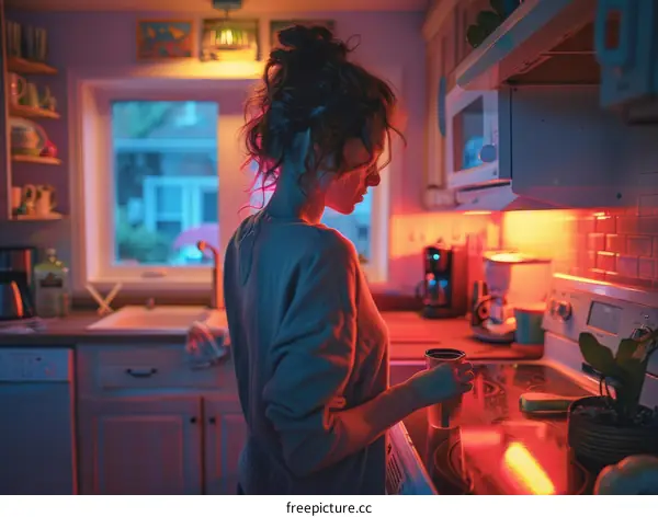 A woman standing in a kitchen holding a cup of coffee looking out the window at night