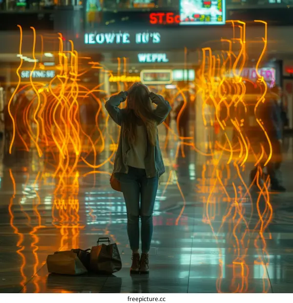 bewildered woman with shopping bags in a busy shopping mall