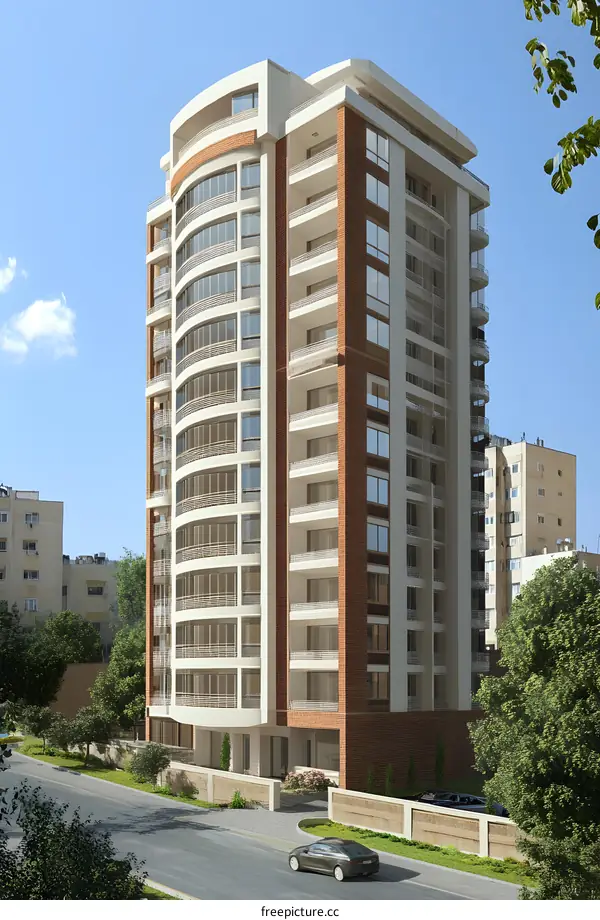 Modern Residential Building with Balconies and Trees
