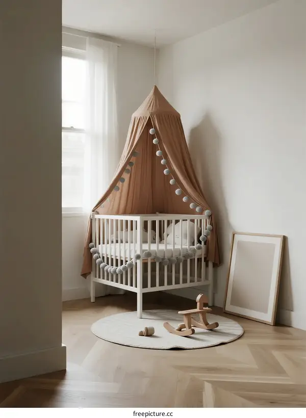 Cozy white baby cot with brown canopy in bright room