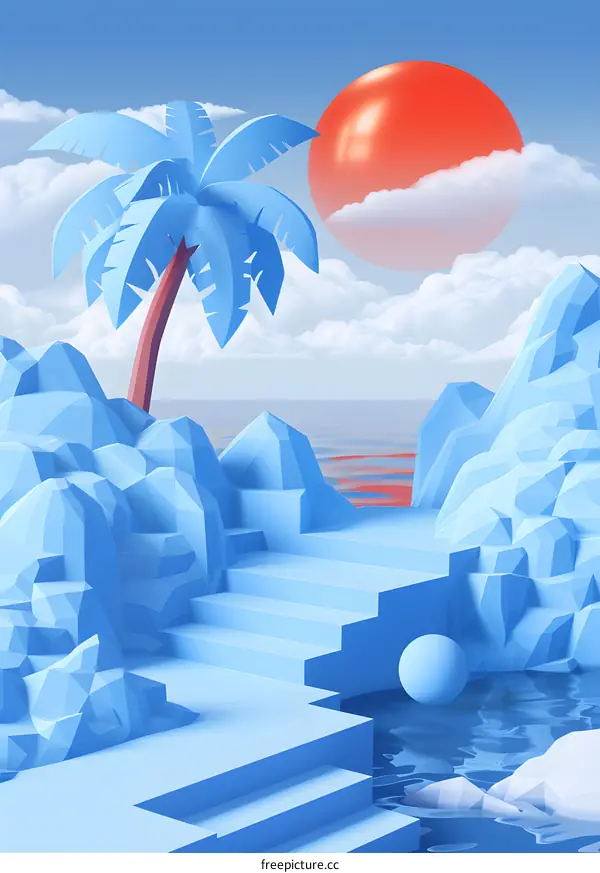 Low Poly Illustration Of Palm Tree With Steps And Blue Water