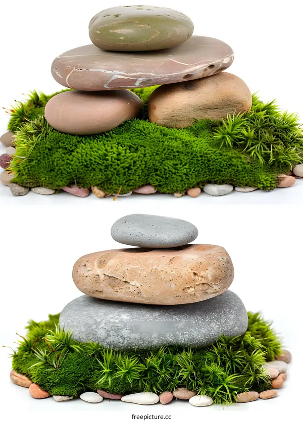 Stones Balanced On Moss With White Background