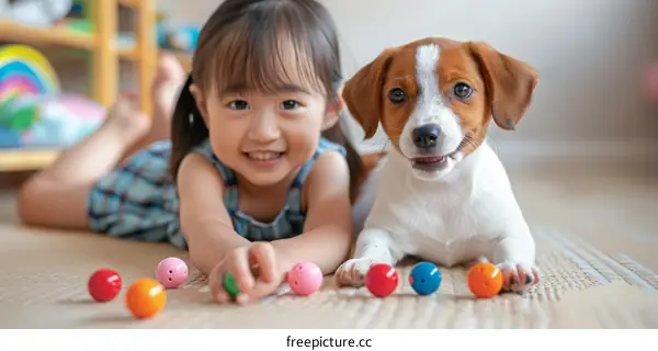 Little girl playing with a puppy