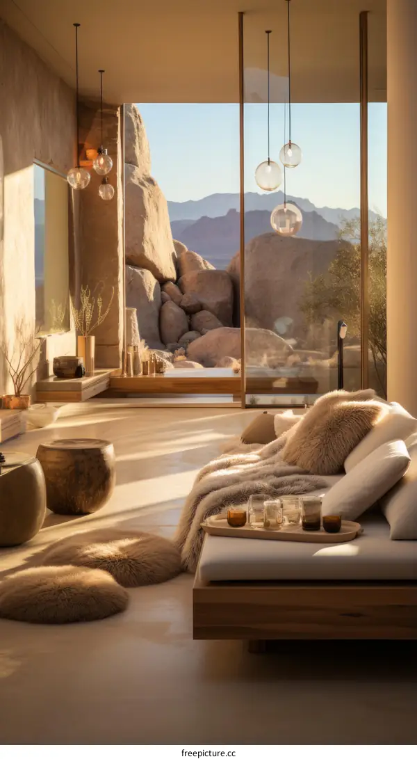 Modern living room interior with large glass windows and desert mountain landscape view