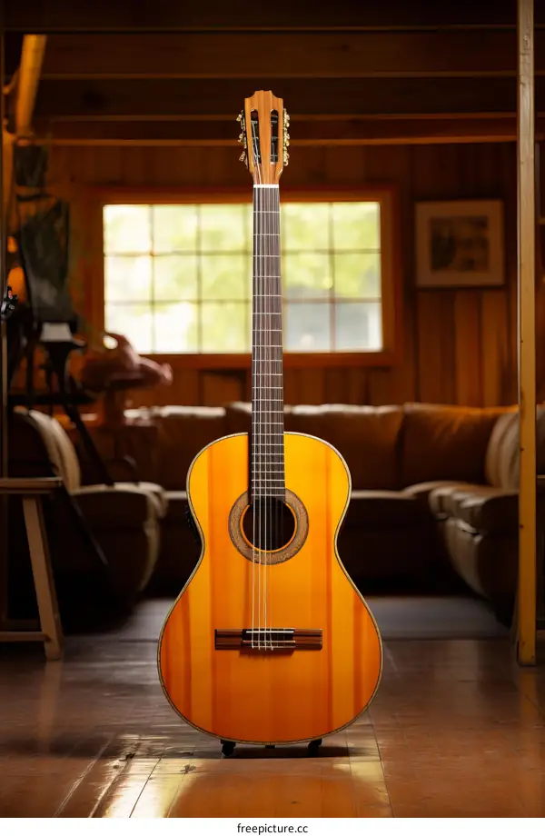 Classical Guitar on Wooden Floor in Living Room