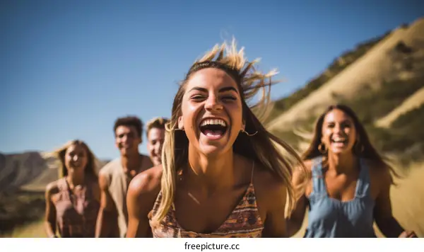 Laughing friends running in nature