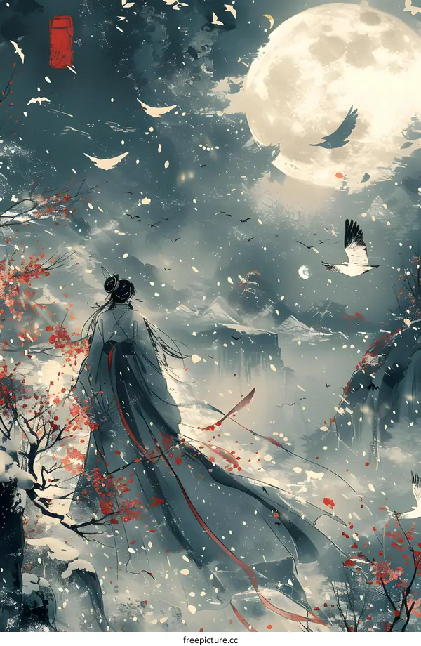 Woman in a Long Dress Standing in the Snowy Mountains Under a Full Moon