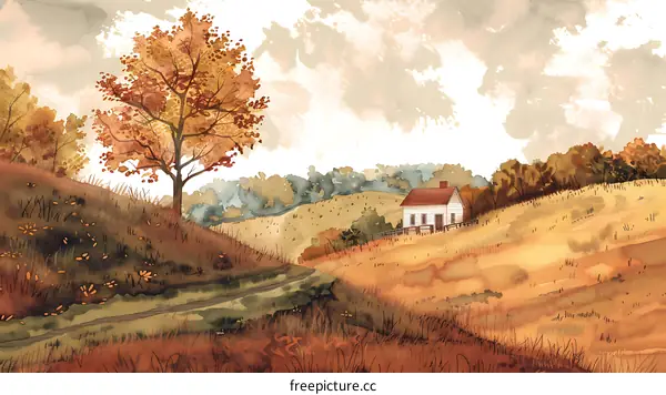 Watercolor Painting of a Rural Farmhouse with a Tree in the Foreground