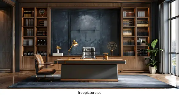 Luxury office interior with wooden bookshelf and leather chair