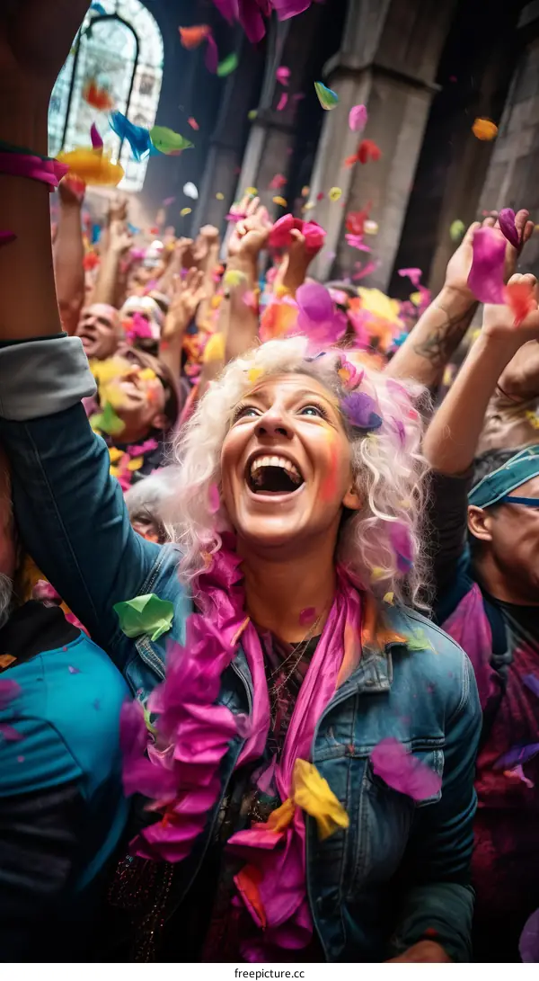 A crowd of people celebrating with colorful confetti