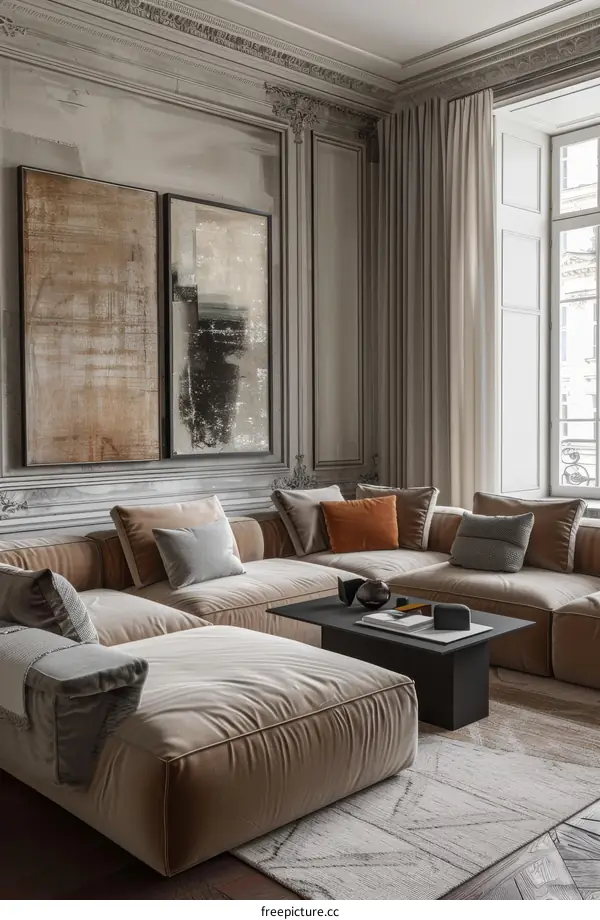 Modern Living Room Interior Design with Beige Sofa and Gray Accents