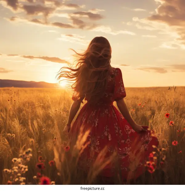 girl in red dress standing in a field of flowers at sunset