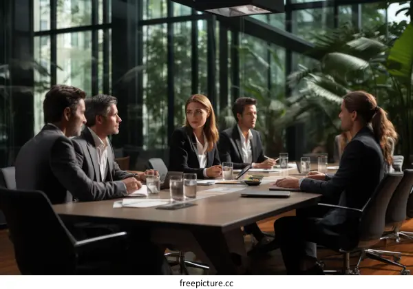 Business meeting in a modern office with natural elements