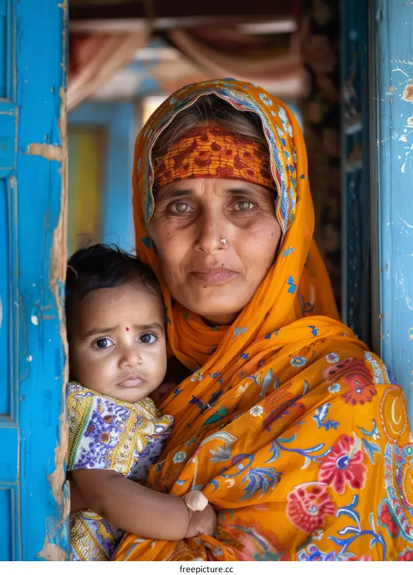 A woman and a baby in a colorful scarf