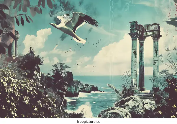 Seagull Flying Over Ancient Ruins on a Cliff