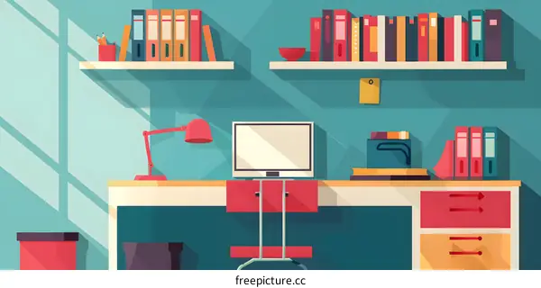 Modern Minimalist Office Interior Design With Computer Desk And Bookshelves