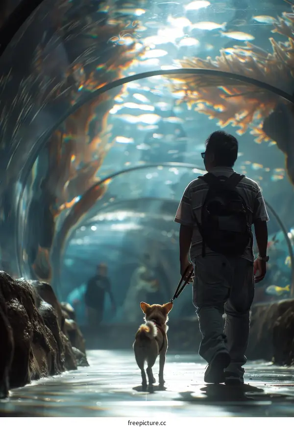 Man walking with dog in an aquarium