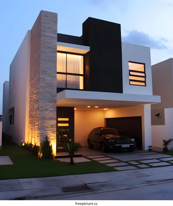 Modern House with Stone Wall and Garage Door