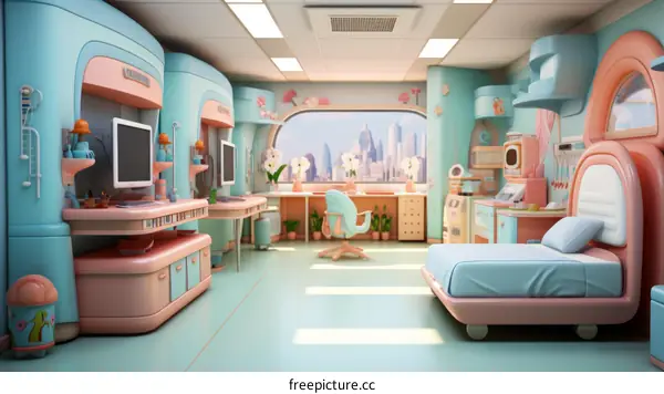 A colorful and futuristic hospital room