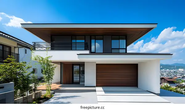 Modern White House with Wooden Roof and Garage Door in Japan