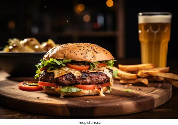 A delicious cheeseburger with fries and a glass of beer on a wooden table