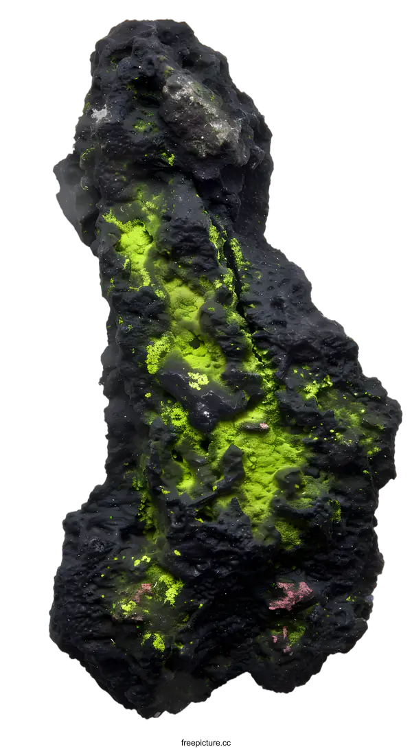 [Transparent Background PNG]Close Up View of Black Rock Covered in Green and Pink Lichen