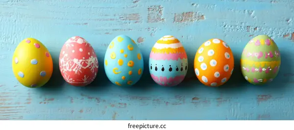 Colorful Decorated Easter Eggs on a Blue Wooden Background