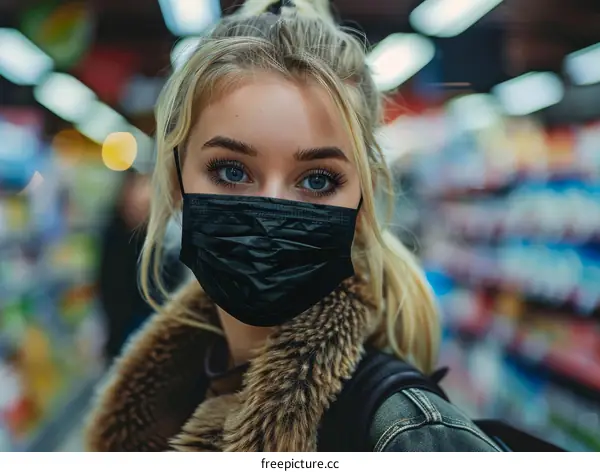 A young woman wearing a black mask in a supermarket