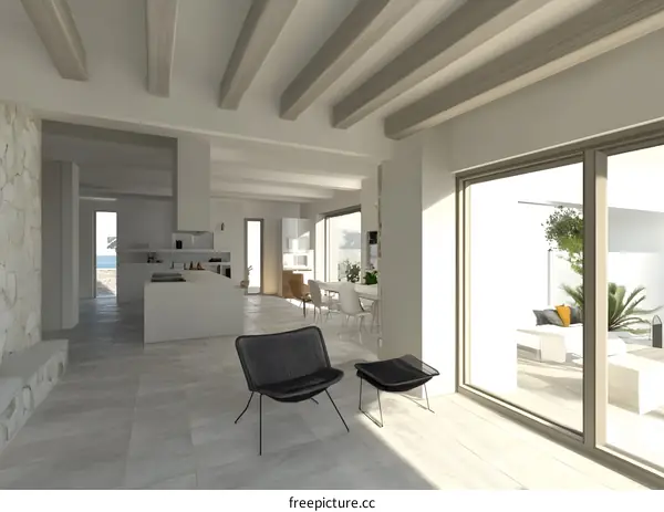 Modern Minimalist Open Plan Living Room Interior Design with Wooden Beams