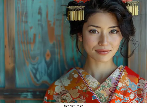 Portrait of a beautiful Japanese woman in traditional kimono