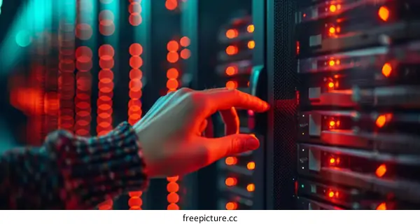 technician's hand pressing the power button to turn on the server