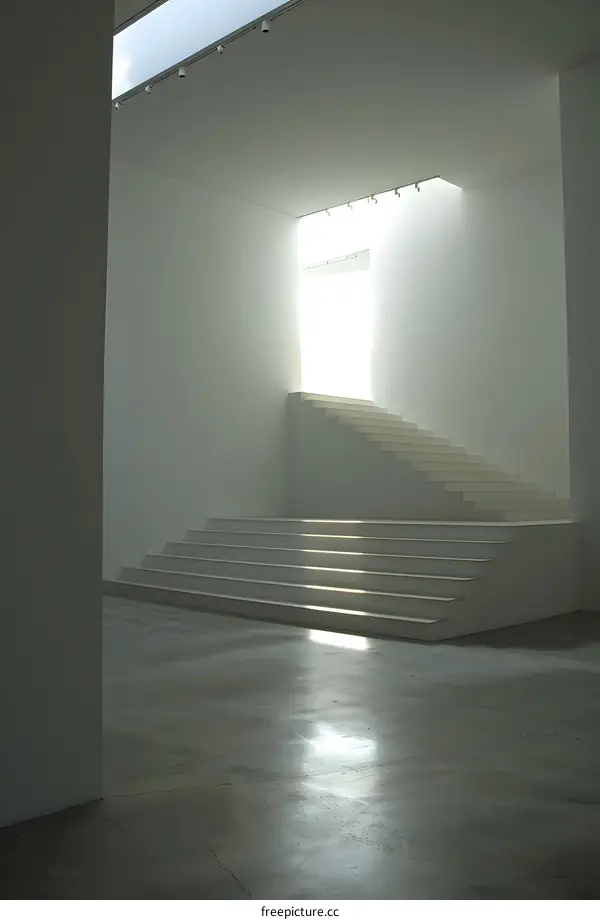 Modern Minimalist Architecture Interior with White Stairs and Sunlight