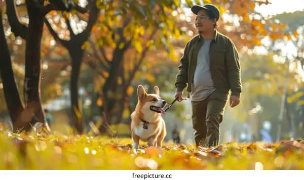 A man walking his dog in the park