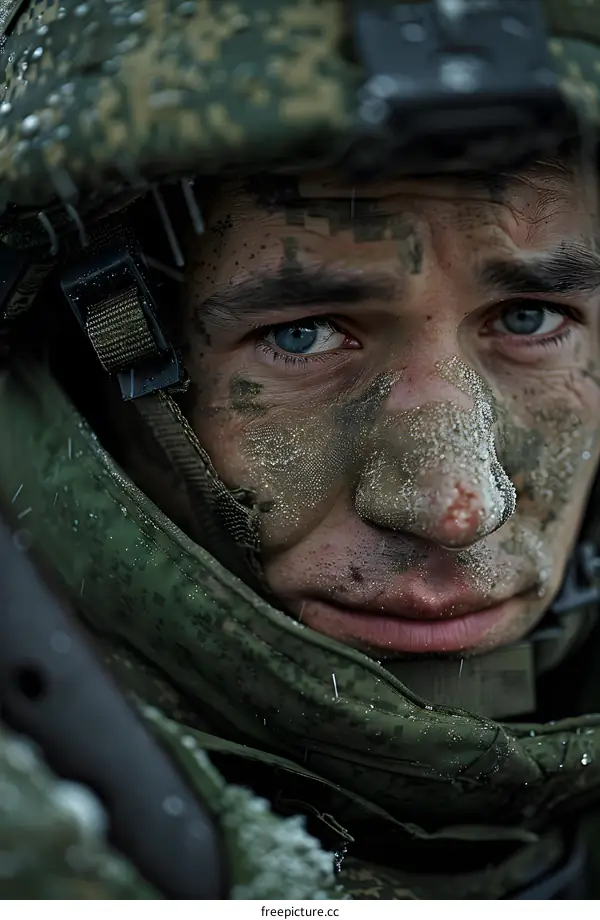 Portrait of a Russian soldier in the winter