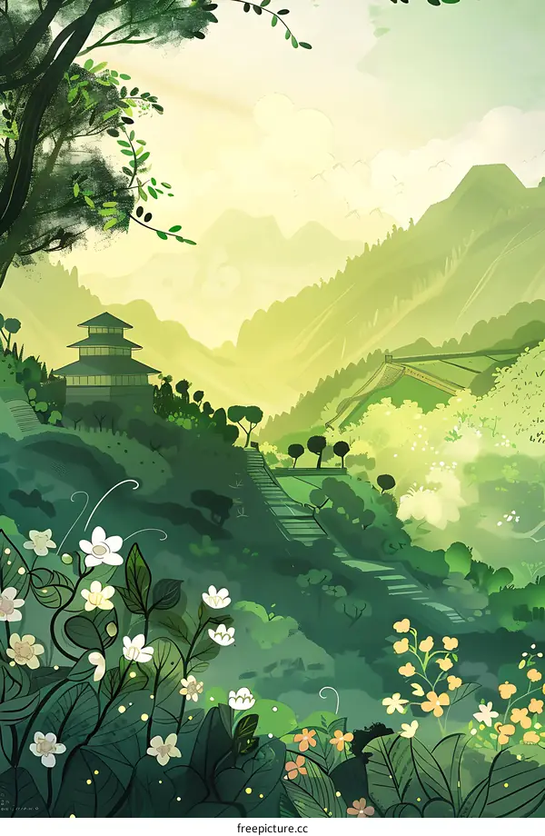 Green Mountains with a Pagoda Illustration